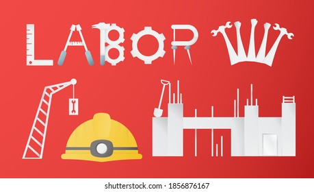 Decoration elements of Labor day for banner, poster, cover, advertisement, website. Vector illustration in paper cut and craft style on red background.