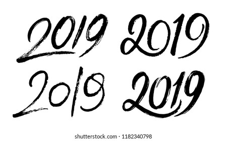 Decoration elements for New Year 2019. Set 4 with handwritten numbers for Chinese for Year of the Pig. Vector illustration.
