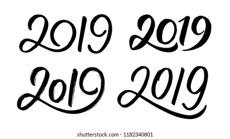 Decoration elements for New Year 2019. Set 3 with handwritten numbers for Chinese for Year of the Pig. Vector illustration.
