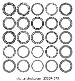 Decoration elements patterns in big pack. Mega set of 25 the most popular round frames. Monochromatic ethnic borders in huge collection. Isolated on white background. Vector illustration 