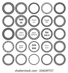 Decoration elements patterns in big pack. Mega set of 25 the most popular round frames with sample text. Monochromatic ethnic borders in collection. Isolated on white background. Vector illustration 