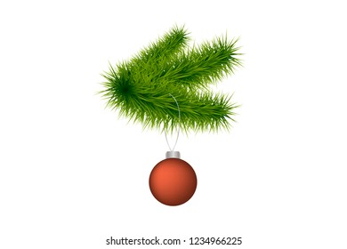 Decoration elements (realistic fir branches with christmas glass ball)  for designing holiday poster, banner, logo, icon, invitation or greeting card for Christmas and new year decor, isolated