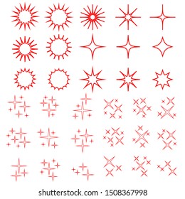 Decoration elements set. Outline glowing light effect stars and bursts. Red line icons of sparkling and twinkling
