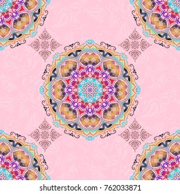Decoration for fabric, textile, interior in blue, violet and red colors. Handmade vector illustration. Vintage seamless pattern.