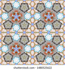 Decoration for fabric, textile, interior in gray, blue and brown colors. Vintage seamless pattern. Handmade vector illustration.