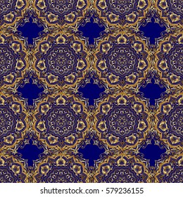 Decoration for fabric, textile, interior. Handmade vector golden elements on blue background. Vintage seamless floral pattern.