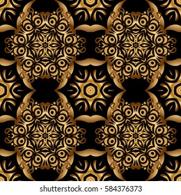 Decoration for fabric, textile, interior. Handmade vector golden elements on black background. Vintage seamless floral pattern.