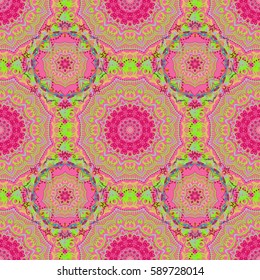 Decoration for fabric, textile, interior. Handmade vector multicolored elements on pink background. Vintage seamless floral pattern.
