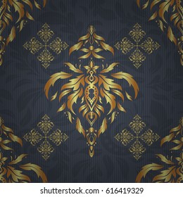 Decoration for fabric, textile, interior. Handmade vector golden elements on gray background. Vintage seamless floral pattern.