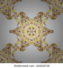 Decoration for fabric, textile, interior. Handmade vector golden elements on gray background. Vintage seamless floral pattern.