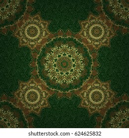 Decoration for fabric, textile, interior. Handmade vector golden elements on green background. Vintage seamless floral pattern.