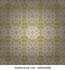 Decoration for fabric, textile, interior. Handmade vector golden elements on gray background. Vintage seamless floral pattern.