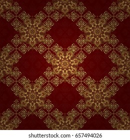 Decoration for fabric, textile, interior. Handmade vector golden elements on red background. Vintage seamless floral pattern.