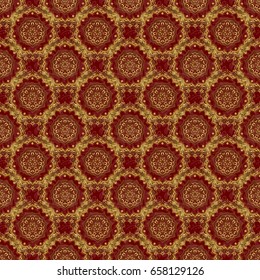 Decoration for fabric, textile, interior. Handmade vector golden elements on red background. Vintage seamless floral pattern.