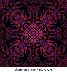 Decoration for fabric, textile, interior. Handmade vector purple and red elements on black background. Vintage seamless pattern.