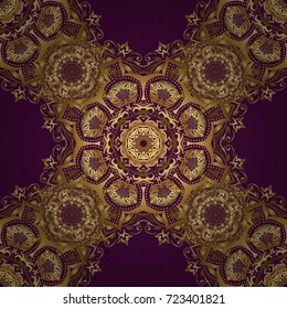 Decoration for fabric, textile, interior. Handmade vector golden elements on purple background. Vintage seamless floral pattern.