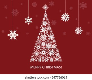 Decoration with Fir tree from white snowflakes on red background. Vector
