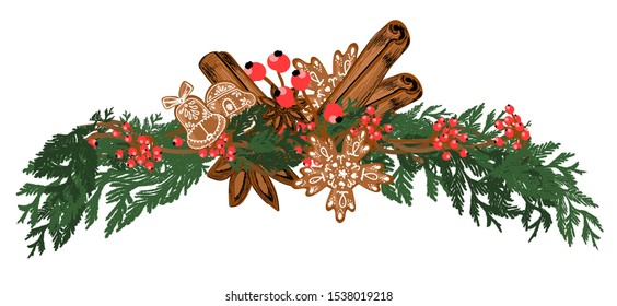 Decoration for the fireplace. Element for design cards and textiles. New Year. Fir branches and red berries.