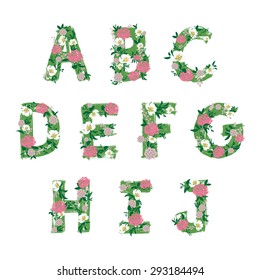 decoration floral font illustration, letter A B C D E F G H I J, vector