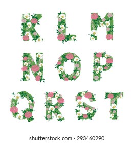 decoration floral font illustration, letter K, L, M, N, O, P, Q, R, S, T, vector