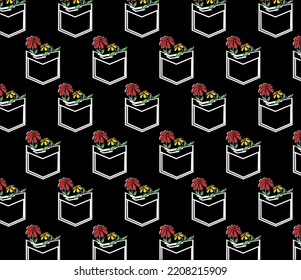 Decoración Floral Pocket Pattern Vector blanco y negro sin inconvenientes 