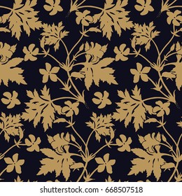 Decoration with flower geranium. Seamless floral pattern. Gold foil silhouettes of foliage and flowers, black background. Vintage vector illustration. Hand drawing. Template for textile, paper, cloth