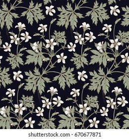 Decoration with flower geranium. Seamless floral pattern. Green foliage, white flowers on black background. Vintage vector illustration. Hand drawing. Template for textile, paper, cloth