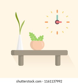 decoration flowerpot and clock on wall shelf  pastel color flat vector illustration