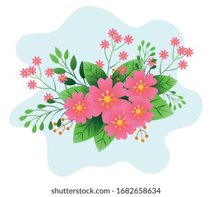 decoration of flowers pink color with branches and leafs vector illustration design