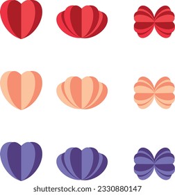 Decoration in the form of voluminous hearts and bows of different colors