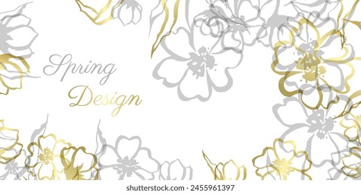 Decoration frame with copy space and beautiful spring flowers in blue and gold colors. Spring vector banner.