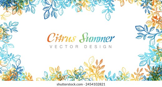 Decoration frame with copy space and branches with lemon fruits and colorful leaves. Summer vector banner.