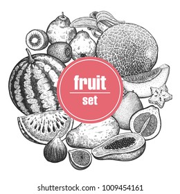 Decoration with fruits and berries. Watermelon, melon, banana, kiwi, quince, grapefruit, papaya, fig and carambola. Black and white. Vintage vector illustration art. Hand drawing. Kitchen design.