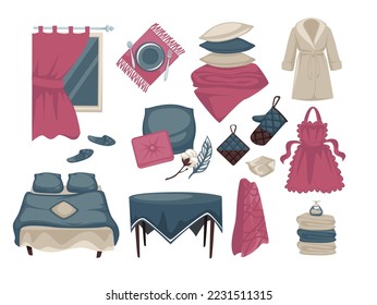 Decoration and furniture for home design, isolated pillows and robe, curtains with window and bed with linen. Tablecloth and apron, gloves for cooking and towels for bathing. Vector in flat style