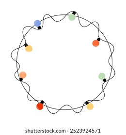 Decoration garland lights on circle frame. Colorful light bulbs on a wavy rope. Vector design element for web, social media, christmas card, poster, flyer.