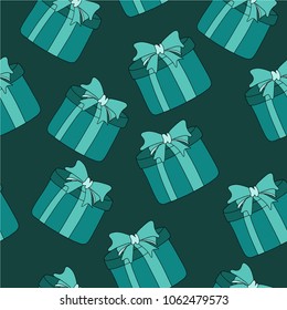 decoration gift box packing with bow green on red background for holiday and surprise