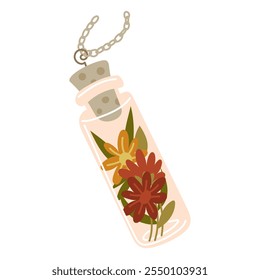 Decoration is a glass bottle with flowers inside. Home floristry for memory. A small jar with a lid with floristry as a decoration on a chain. A terrarium for plants. Vector illustration