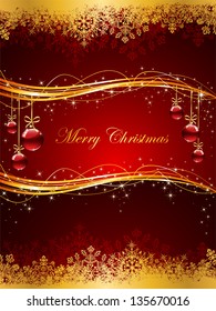 Decoration with glass Christmas balls on red background, illustration.