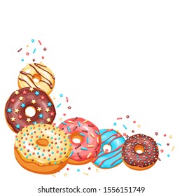 Decoration with glaze donuts and sprinkles. Background of various colored sweet pastries.