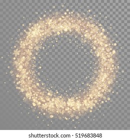 Decoration of golden snowflakes. Wreath of gold glitter snow. Christmas ornament decoration for Merry Christmas, Happy New Year, Xmas greeting card, poster, background