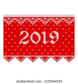 Decoration for the greeting card 2019 for the new year and Christmas. Red knitted pattern with fair isle ornament with snowflakes and snowflakes and decorative elements.