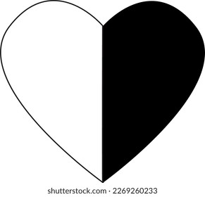 For decoration, a half-black and half-white heart-shaped vector on an isolated background.