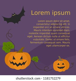 Decoration Halloween frame for social networks. Page design with pumpkin and bat. Card, poster or banner template for your text. Vector illustration.