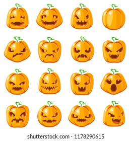 Decoration halloween jack o lantern pumpkin scary faces smile emoji icons isolated set cartoon design vector illustration