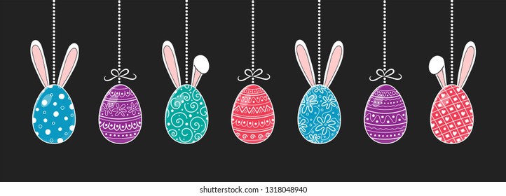 Decoration with hanging Easter eggs with cute bunny ears. Vector