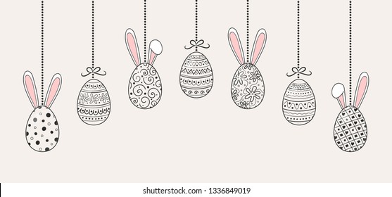 Decoration with hanging Easter eggs with cute bunny ears. Vector
