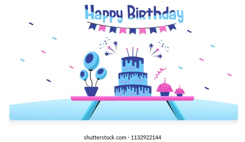 Decoration Happy Birthday lettering Party combination Creative Design,  with Blue, Pink color, White Background Vector Art Illustration.