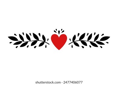 Decoration heart and branches with leaves. Colored silhouette. Horizontal front view. Vector simple flat graphic hand drawn illustration. Isolated object on a white background. Isolate.