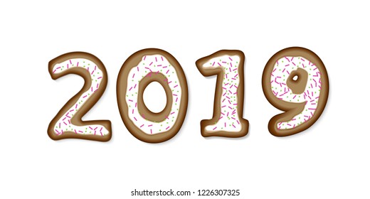 decoration, holiday, vector, illustration, celebration, design, 2019, year, number, cookie, card, isolated, food, symbol, new, christmas, gingerbread, happy, greeting, new year, element, homemade, mer