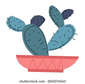 Decoration for home or office, isolated pot with cactus flower. Flowerpot with growing botany leaves and thorns, trendy exotic flora for interior design. Scandi flourishing cacti. Vector in flat style